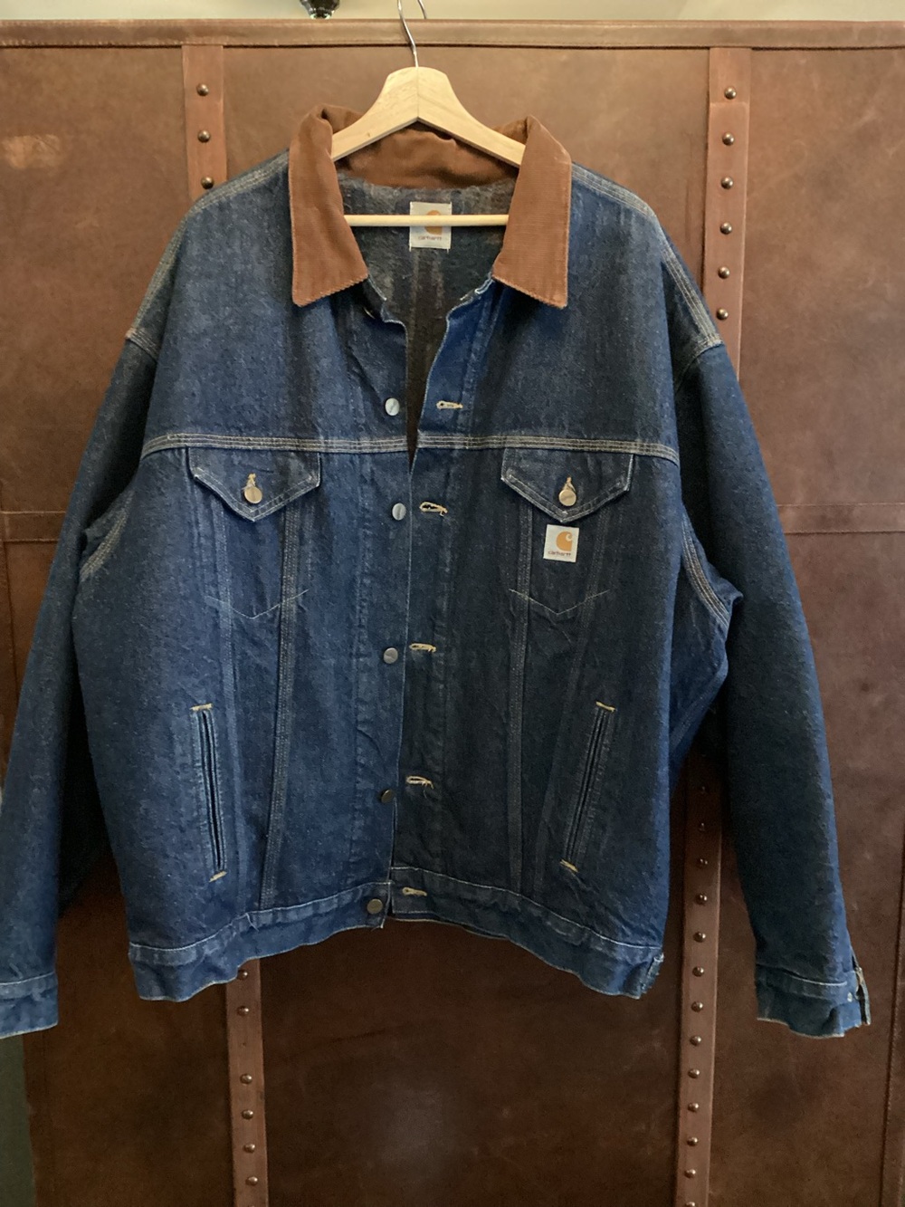 Vtg 90s Carhartt Denim Jacket Southwest Aztec Blanket Lined Corduroy Trucker XL